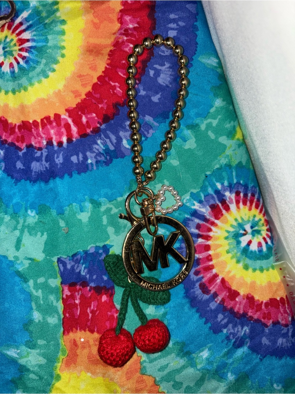 Michael Kors Gold-Tone MK Cherry Charm Keychain with Red Crochet Cherries